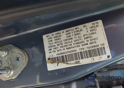 2007 Honda Accord 2.4 Lx из США, поврежденный, VIN 1HGCM56427A005604